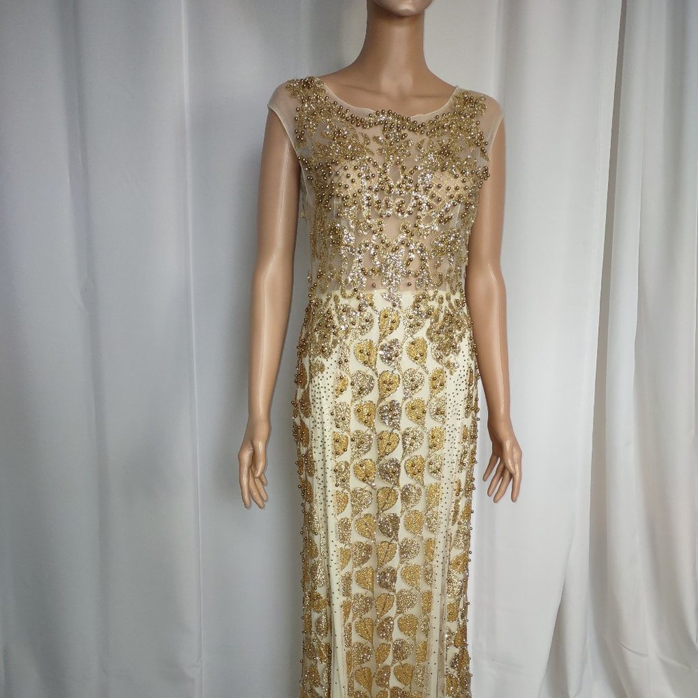 K Liman collection sheer bodice ivory with gold embellishments dress size 3